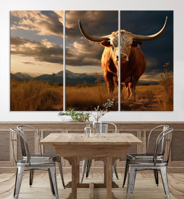 Cow Bighorn Wall Art Canvas Print, Longhorn Texas Large Cow Animal Canvas Print