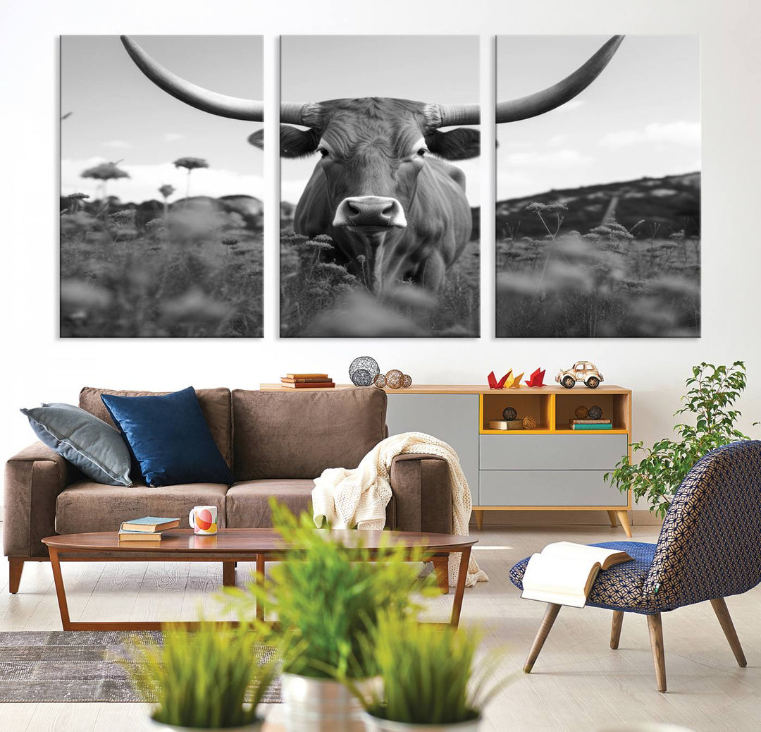 Cow Bighorn Wall Art Canvas Print, Longhorn Texas Large Cow Animal Canvas Print