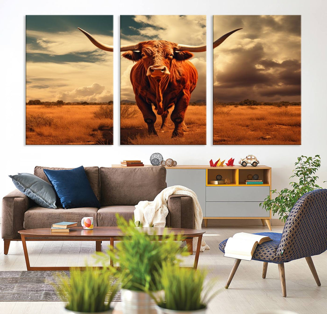 Cow Bighorn Wall Art Canvas Print, Longhorn Texas Large Cow Animal Canvas Print