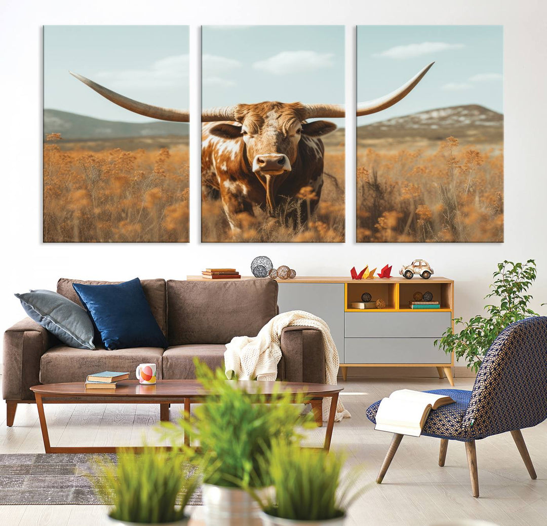 Cow Bighorn Wall Art Canvas Print, Longhorn Texas Large Cow Animal Canvas Print