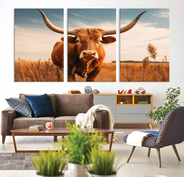 Cow Bighorn Wall Art Canvas Print, Longhorn Texas Large Cow Animal Canvas Print