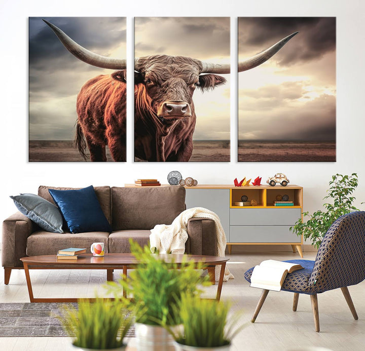 Cow Bighorn Wall Art Canvas Print, Longhorn Texas Large Cow Animal Canvas Print