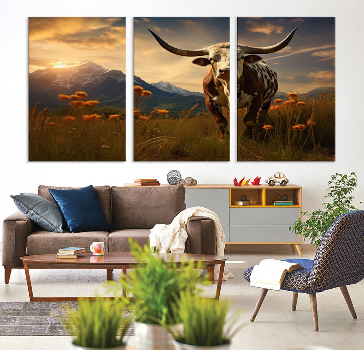 Cow Bighorn Wall Art Canvas Print, Longhorn Texas Large Cow Animal Canvas Print