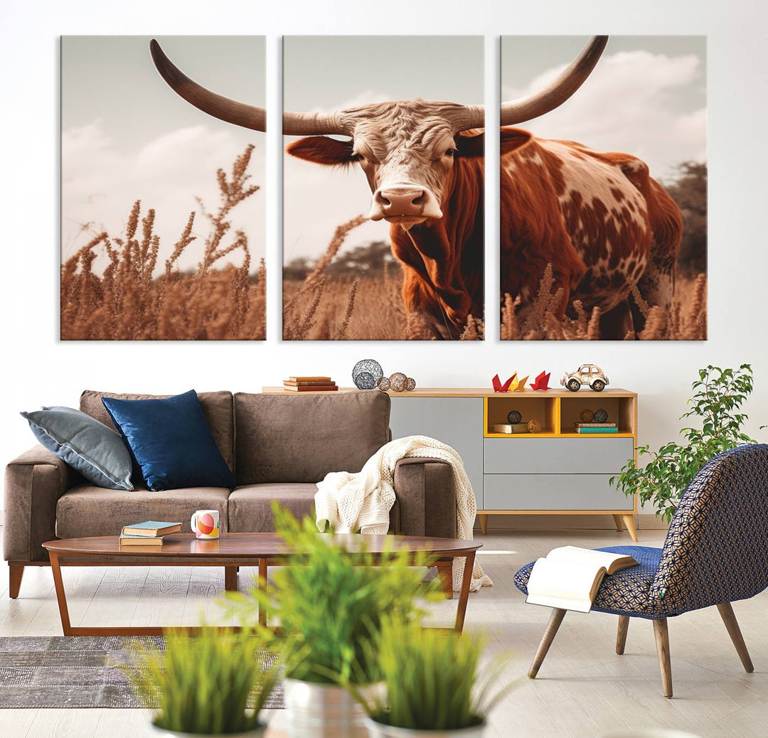 Cow Bighorn Wall Art Canvas Print, Longhorn Texas Large Cow Animal Canvas Print