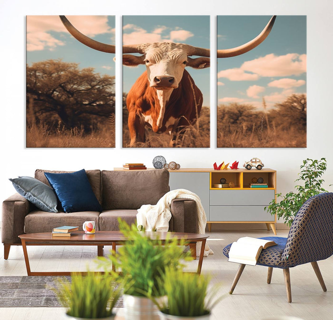 Cow Bighorn Wall Art Canvas Print, Longhorn Texas Large Cow Animal Canvas Print