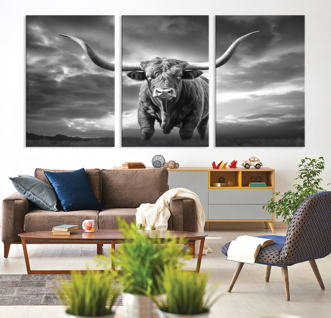 Cow Bighorn Wall Art Canvas Print, Longhorn Texas Large Cow Animal Canvas Print