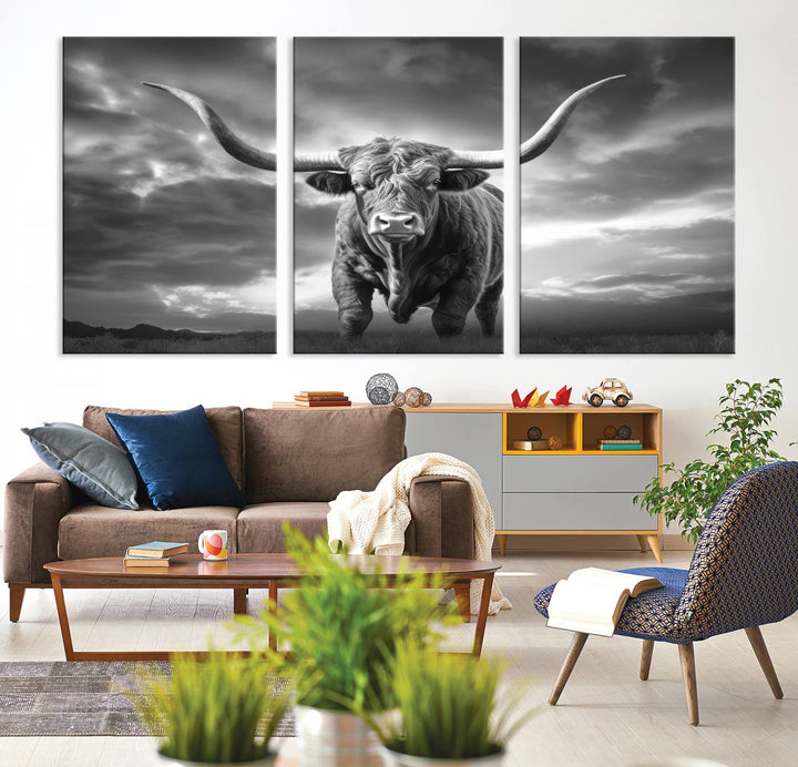 Cow Bighorn Wall Art Canvas Print, Longhorn Texas Large Cow Animal Canvas Print