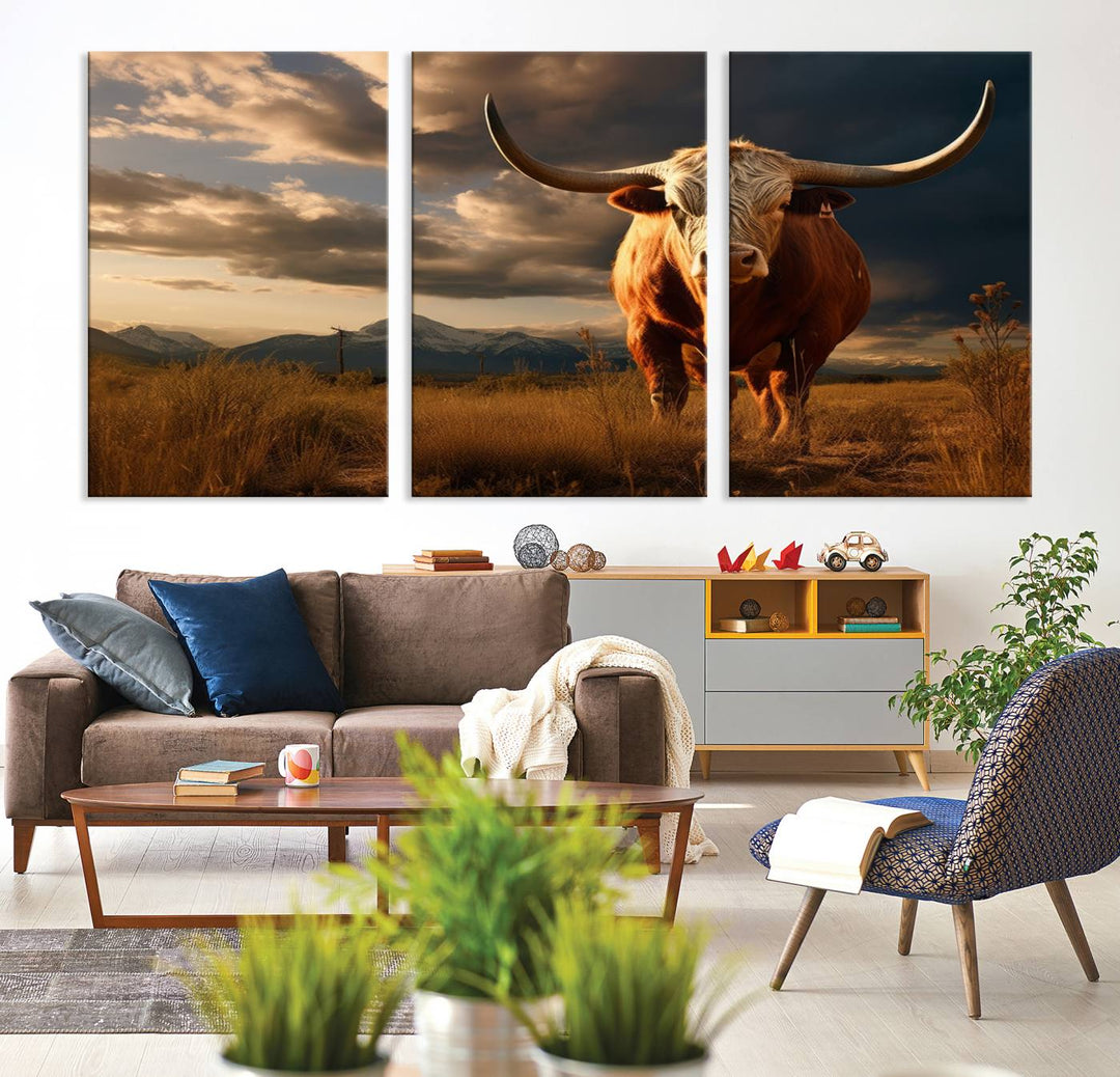 Cow Bighorn Wall Art Canvas Print, Longhorn Texas Large Cow Animal Canvas Print