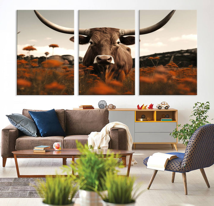 Cow Bighorn Wall Art Canvas Print, Longhorn Texas Large Cow Animal Canvas Print