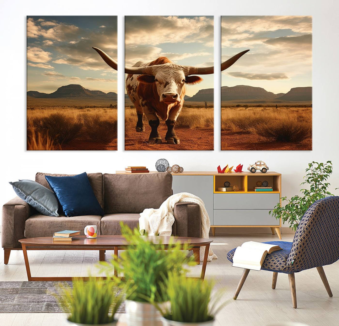 Cow Bighorn Wall Art Canvas Print, Longhorn Texas Large Cow Animal Canvas Print