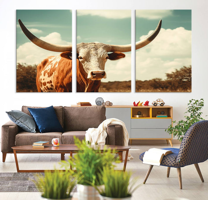 Cow Bighorn Wall Art Canvas Print, Longhorn Texas Large Cow Animal Canvas Print