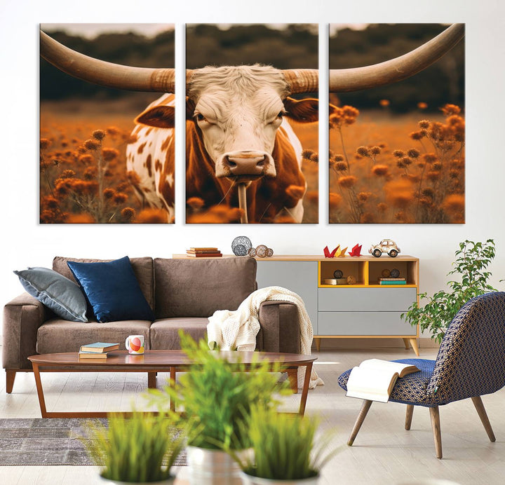 Cow Bighorn Wall Art Canvas Print, Longhorn Texas Large Cow Animal Canvas Print