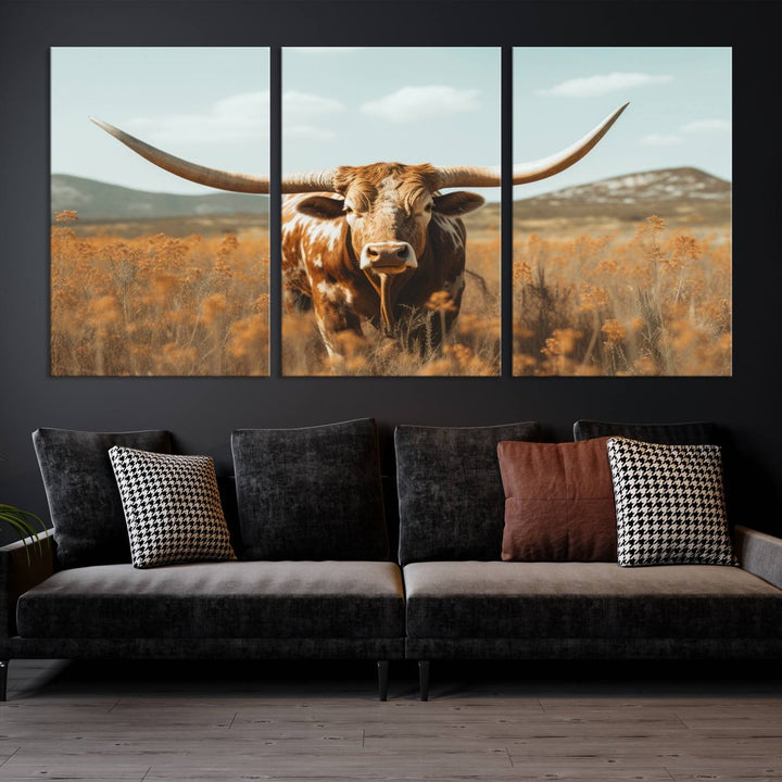 Cow Bighorn Wall Art Canvas Print, Longhorn Texas Large Cow Animal Canvas Print