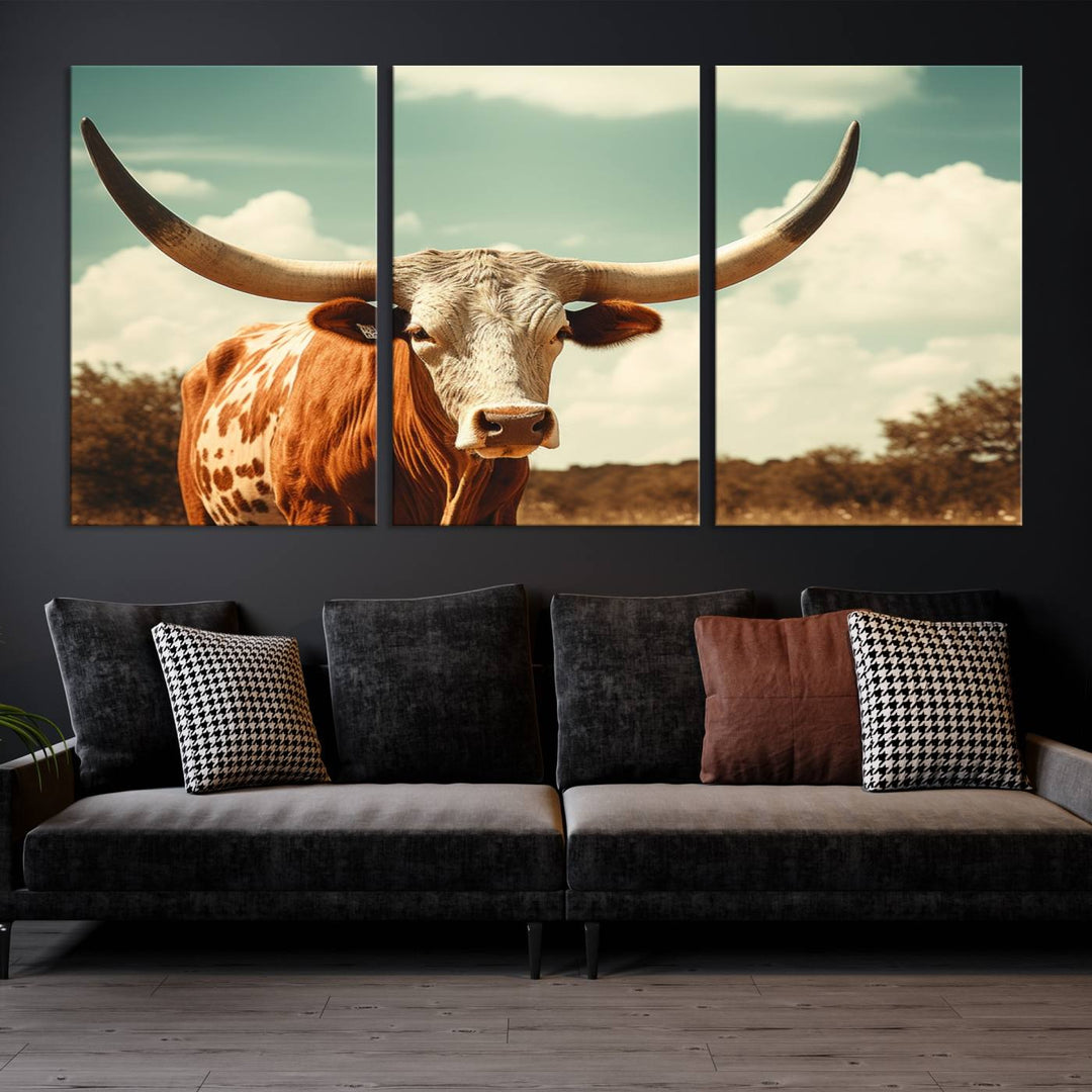 Cow Bighorn Wall Art Canvas Print, Longhorn Texas Large Cow Animal Canvas Print