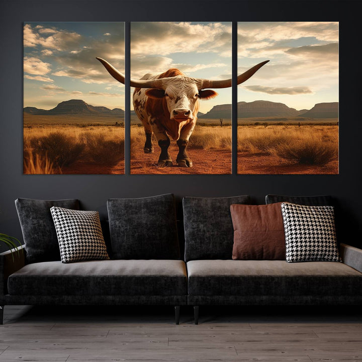 Cow Bighorn Wall Art Canvas Print, Longhorn Texas Large Cow Animal Canvas Print