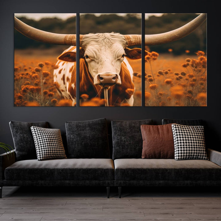 Cow Bighorn Wall Art Canvas Print, Longhorn Texas Large Cow Animal Canvas Print