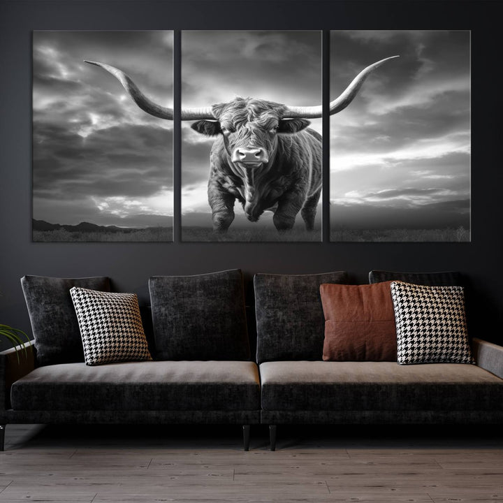 Cow Bighorn Wall Art Canvas Print, Longhorn Texas Large Cow Animal Canvas Print