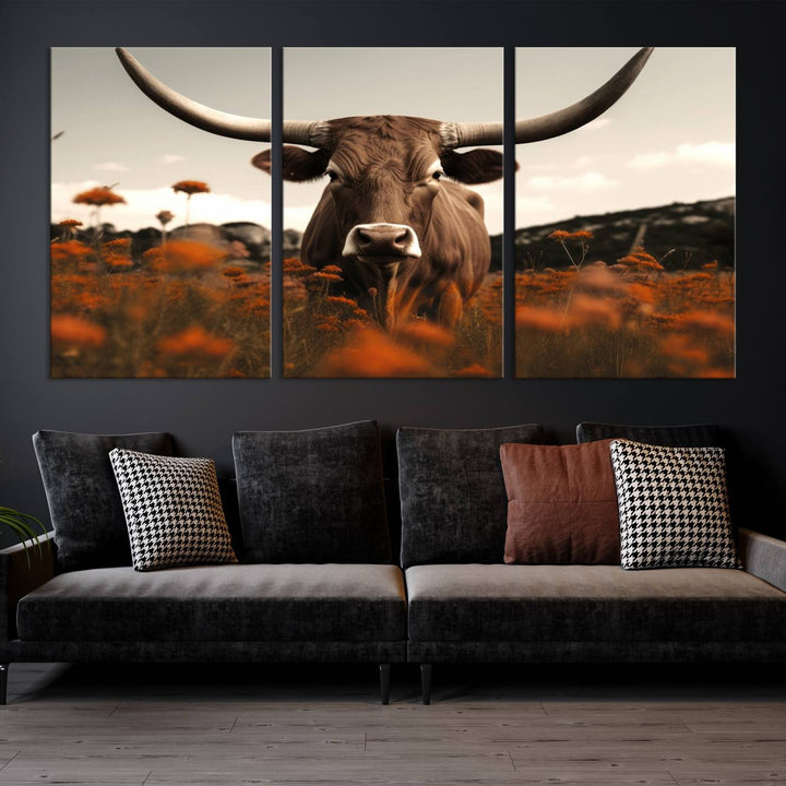 Cow Bighorn Wall Art Canvas Print, Longhorn Texas Large Cow Animal Canvas Print