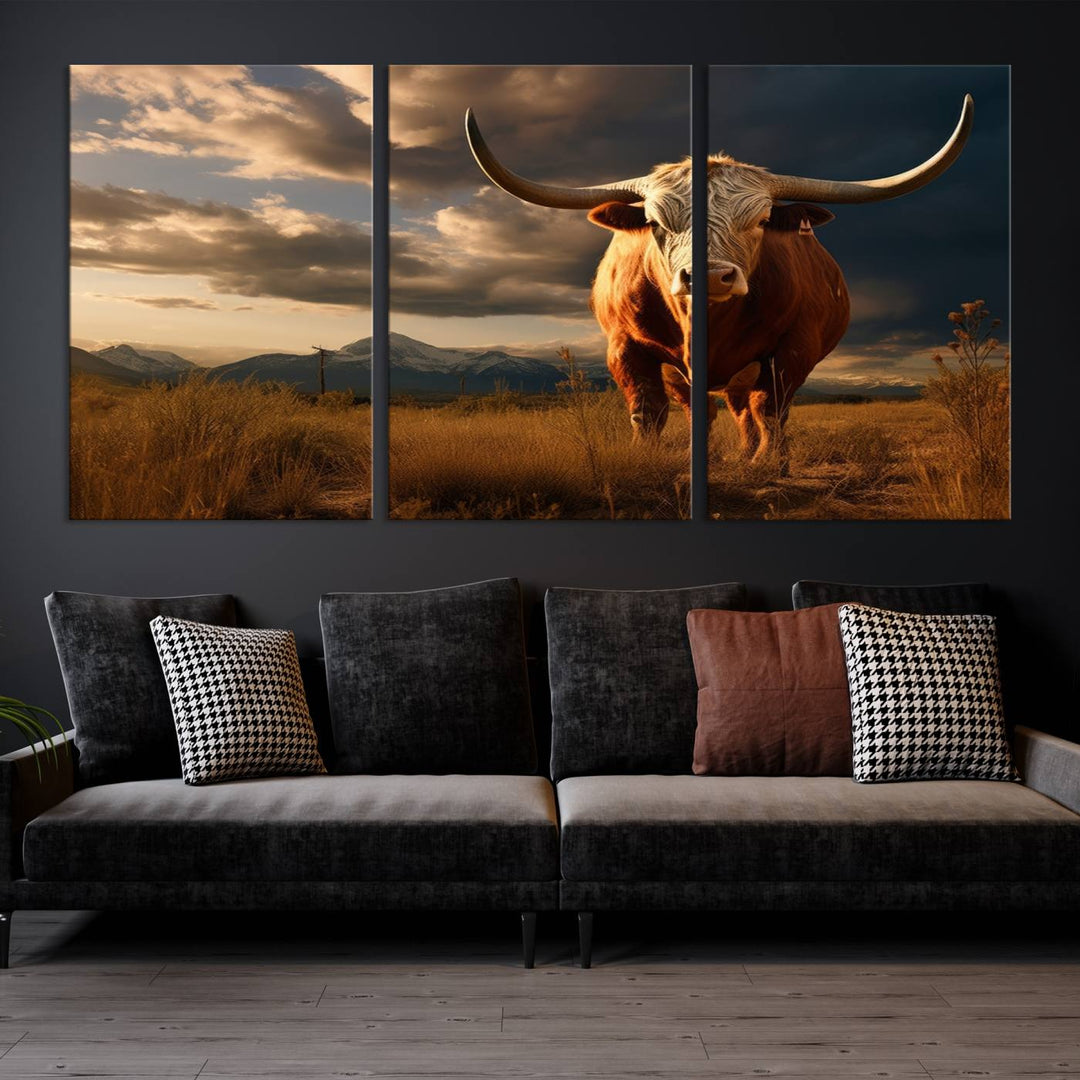 Cow Bighorn Wall Art Canvas Print, Longhorn Texas Large Cow Animal Canvas Print