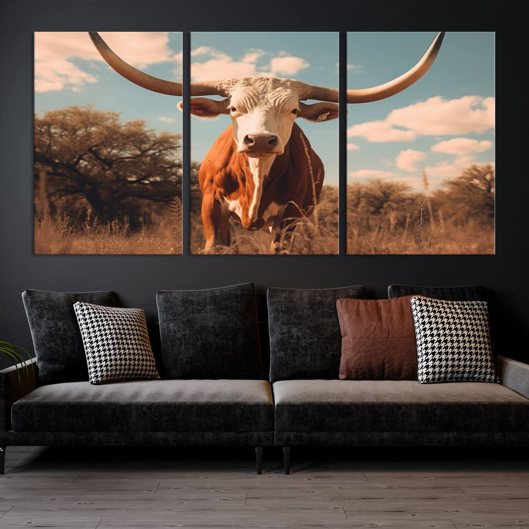 Cow Bighorn Wall Art Canvas Print, Longhorn Texas Large Cow Animal Canvas Print