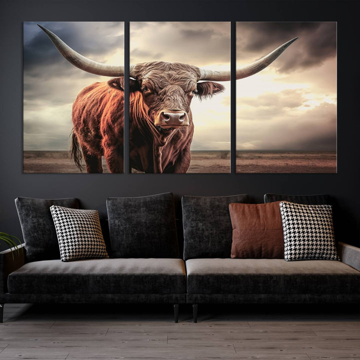 Cow Bighorn Wall Art Canvas Print, Longhorn Texas Large Cow Animal Canvas Print