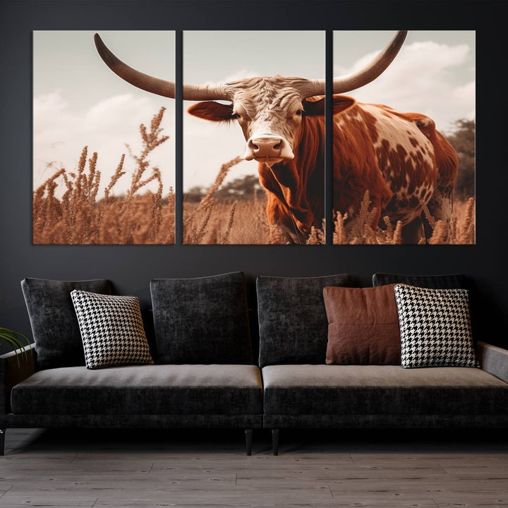 Cow Bighorn Wall Art Canvas Print, Longhorn Texas Large Cow Animal Canvas Print