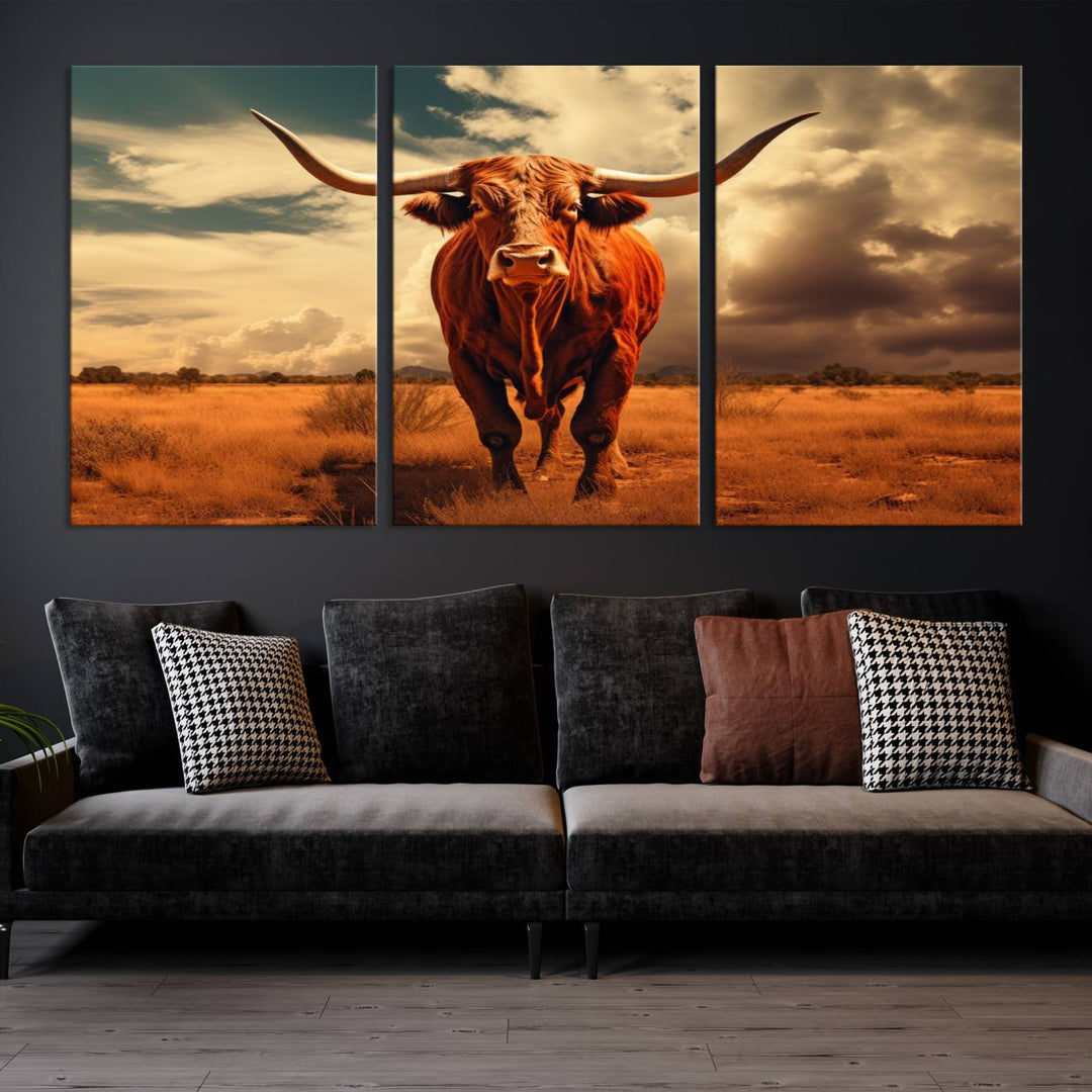 Cow Bighorn Wall Art Canvas Print, Longhorn Texas Large Cow Animal Canvas Print