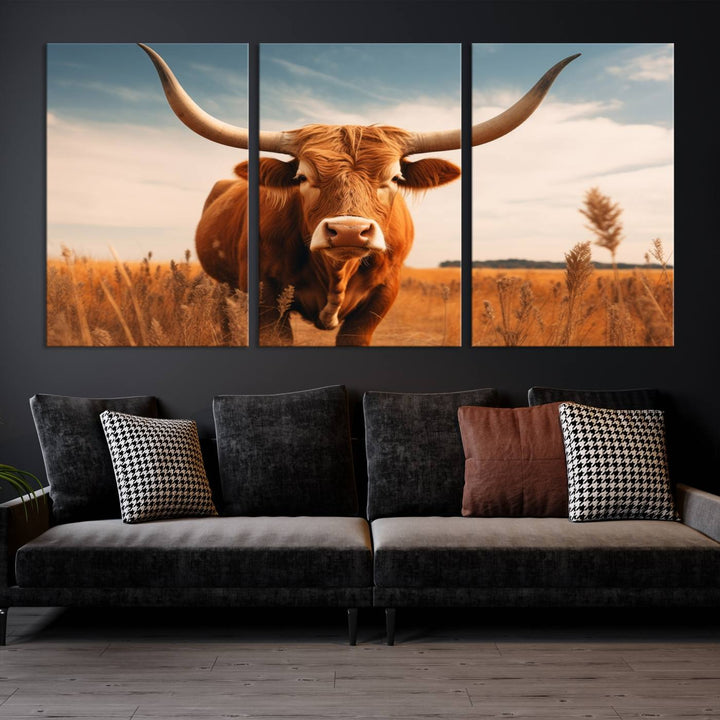 Cow Bighorn Wall Art Canvas Print, Longhorn Texas Large Cow Animal Canvas Print