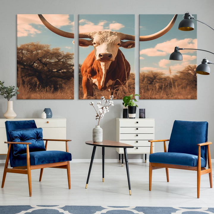 Cow Bighorn Wall Art Canvas Print, Longhorn Texas Large Cow Animal Canvas Print