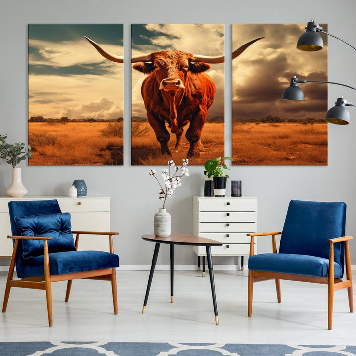 Cow Bighorn Wall Art Canvas Print, Longhorn Texas Large Cow Animal Canvas Print