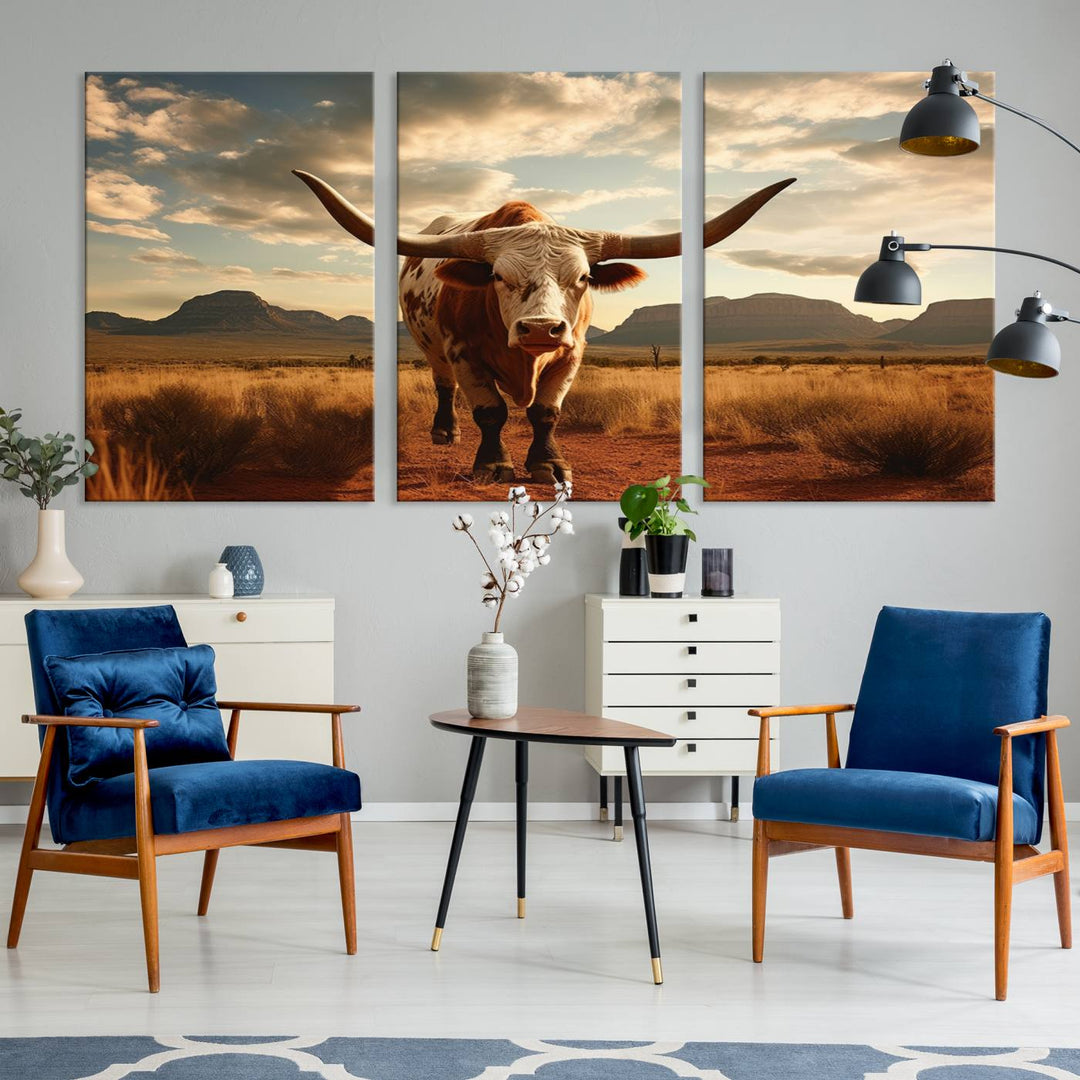 Cow Bighorn Wall Art Canvas Print, Longhorn Texas Large Cow Animal Canvas Print