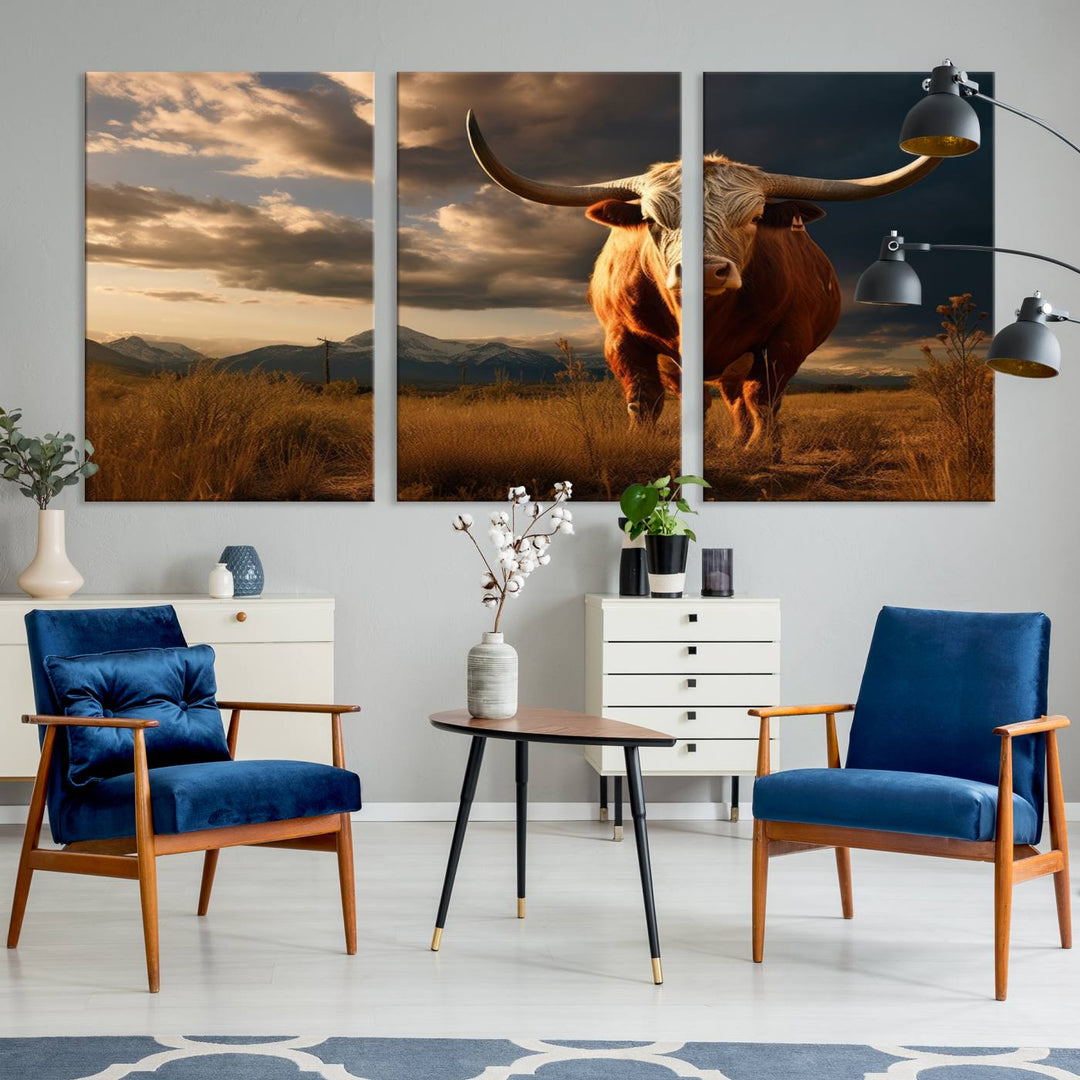 Cow Bighorn Wall Art Canvas Print, Longhorn Texas Large Cow Animal Canvas Print