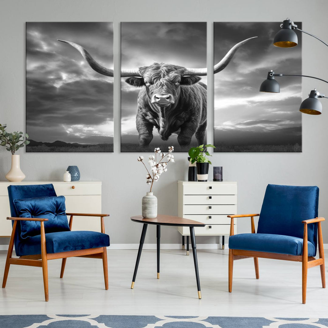 Cow Bighorn Wall Art Canvas Print, Longhorn Texas Large Cow Animal Canvas Print