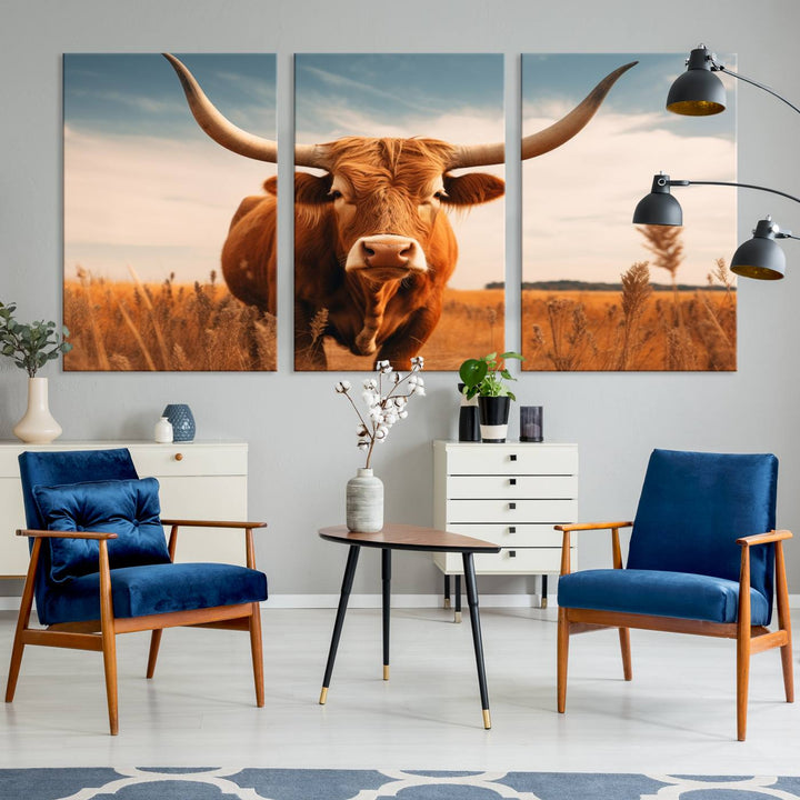 Cow Bighorn Wall Art Canvas Print, Longhorn Texas Large Cow Animal Canvas Print