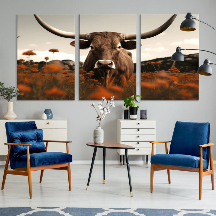 Cow Bighorn Wall Art Canvas Print, Longhorn Texas Large Cow Animal Canvas Print