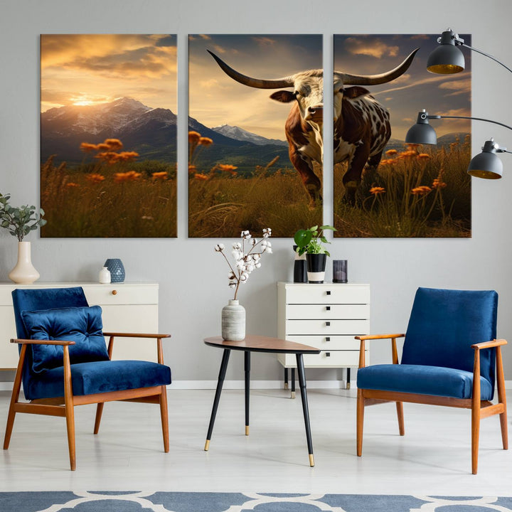 Cow Bighorn Wall Art Canvas Print, Longhorn Texas Large Cow Animal Canvas Print