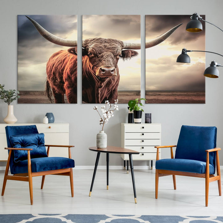 Cow Bighorn Wall Art Canvas Print, Longhorn Texas Large Cow Animal Canvas Print