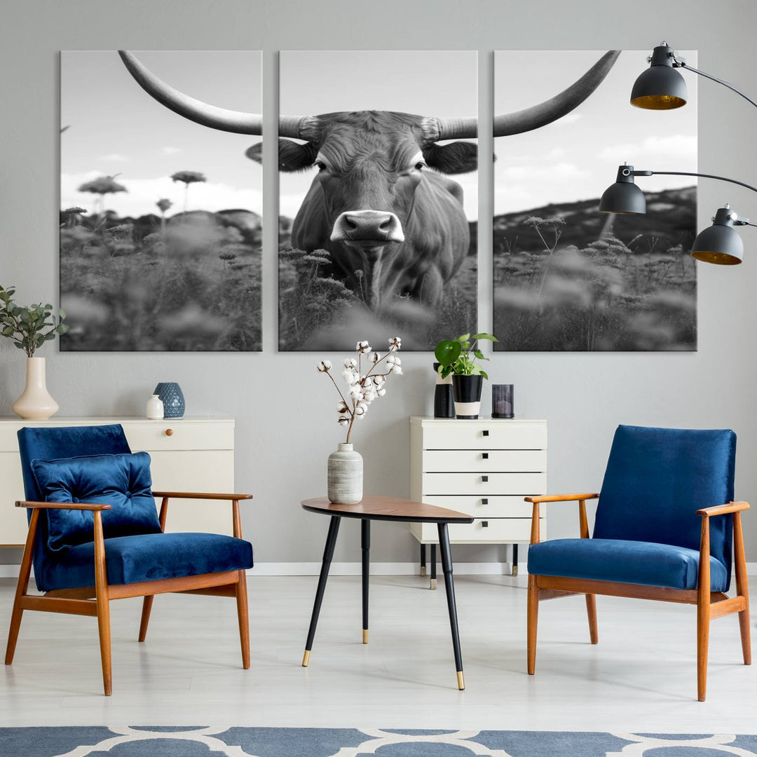 Cow Bighorn Wall Art Canvas Print, Longhorn Texas Large Cow Animal Canvas Print