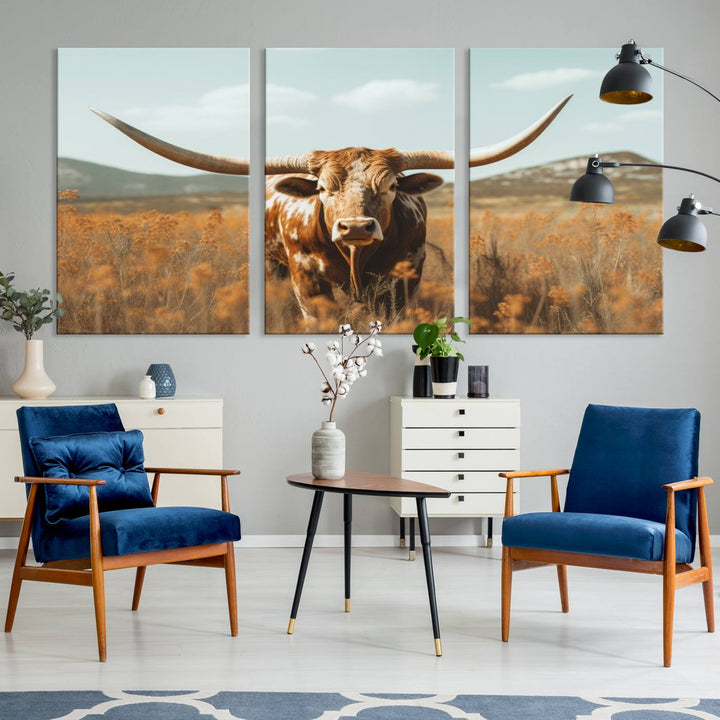 Cow Bighorn Wall Art Canvas Print, Longhorn Texas Large Cow Animal Canvas Print