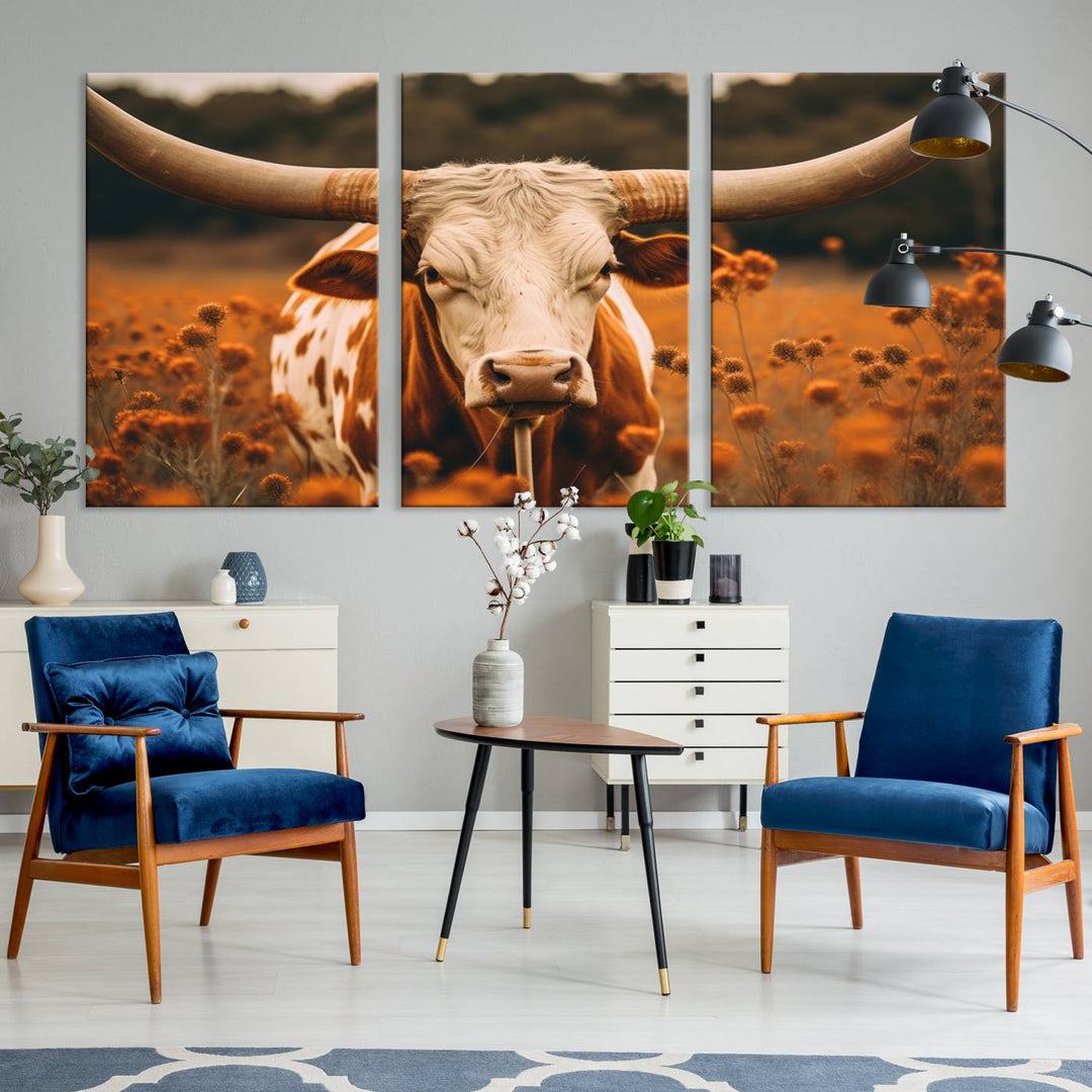 Cow Bighorn Wall Art Canvas Print, Longhorn Texas Large Cow Animal Canvas Print