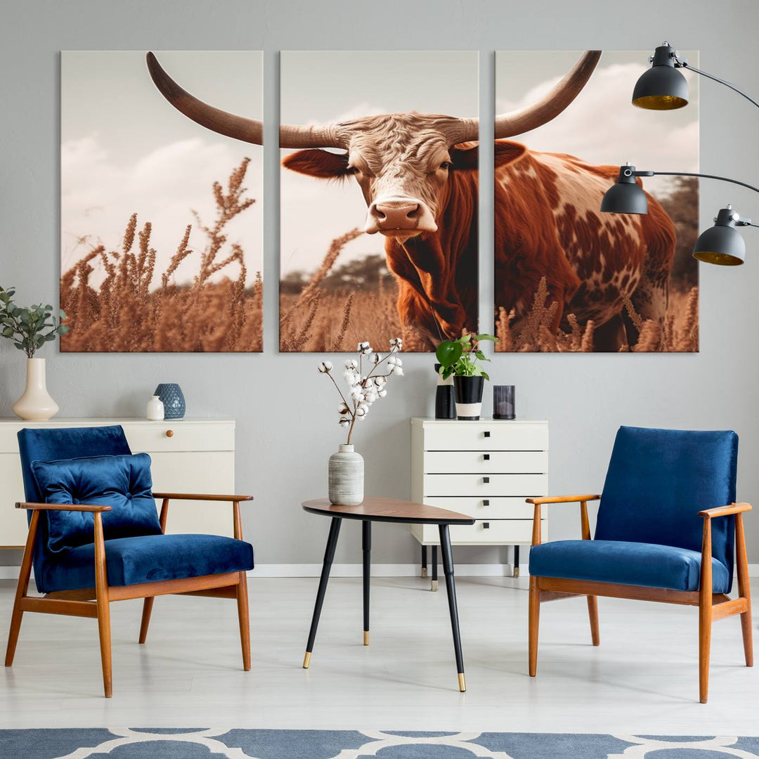 Cow Bighorn Wall Art Canvas Print, Longhorn Texas Large Cow Animal Canvas Print