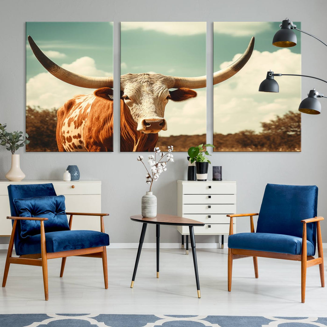 Cow Bighorn Wall Art Canvas Print, Longhorn Texas Large Cow Animal Canvas Print