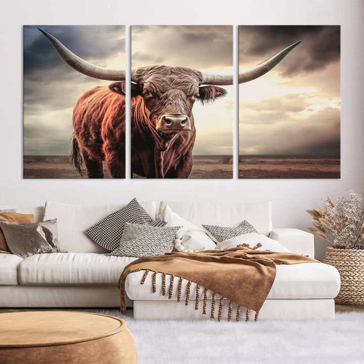 Cow Bighorn Wall Art Canvas Print, Longhorn Texas Large Cow Animal Canvas Print