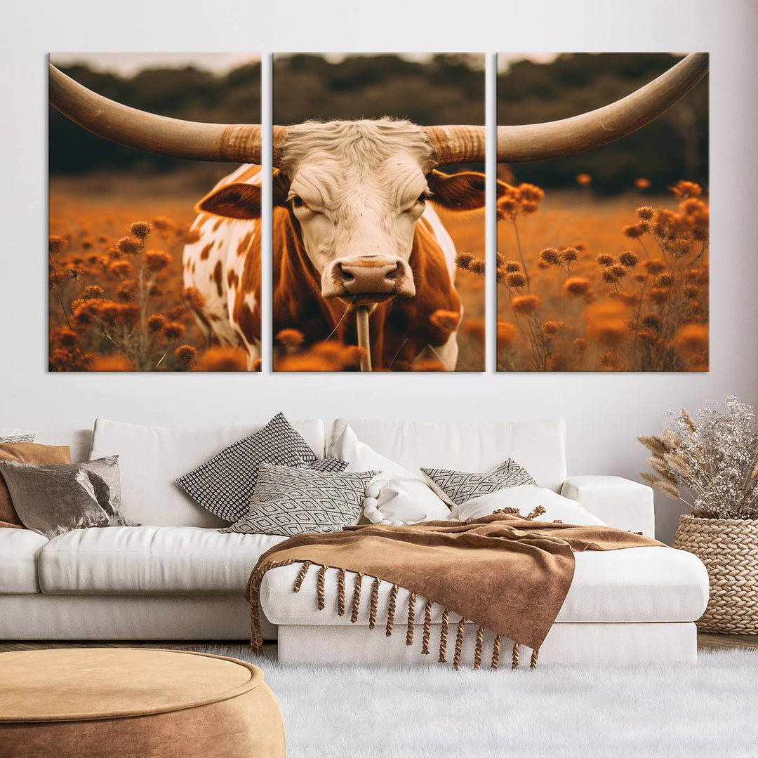 Cow Bighorn Wall Art Canvas Print, Longhorn Texas Large Cow Animal Canvas Print