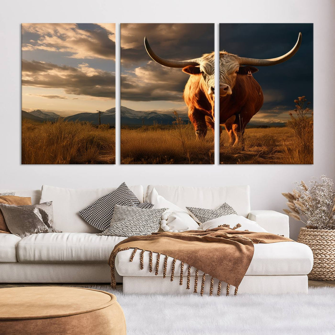 Cow Bighorn Wall Art Canvas Print, Longhorn Texas Large Cow Animal Canvas Print