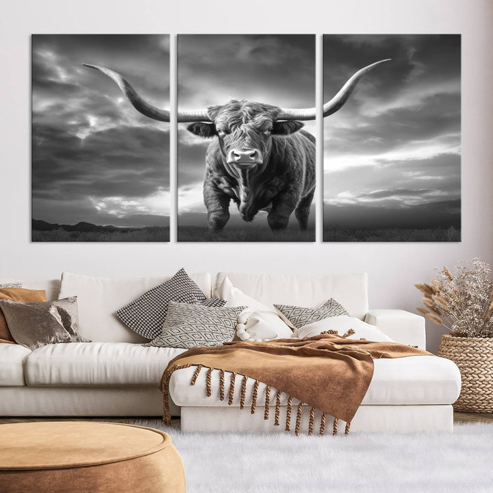 Cow Bighorn Wall Art Canvas Print, Longhorn Texas Large Cow Animal Canvas Print