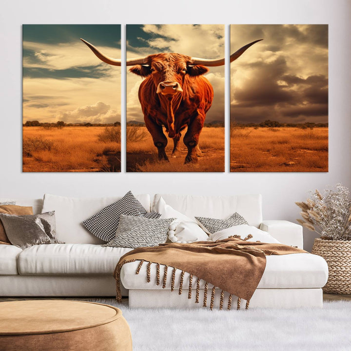 Cow Bighorn Wall Art Canvas Print, Longhorn Texas Large Cow Animal Canvas Print