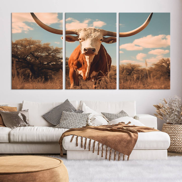 Cow Bighorn Wall Art Canvas Print, Longhorn Texas Large Cow Animal Canvas Print