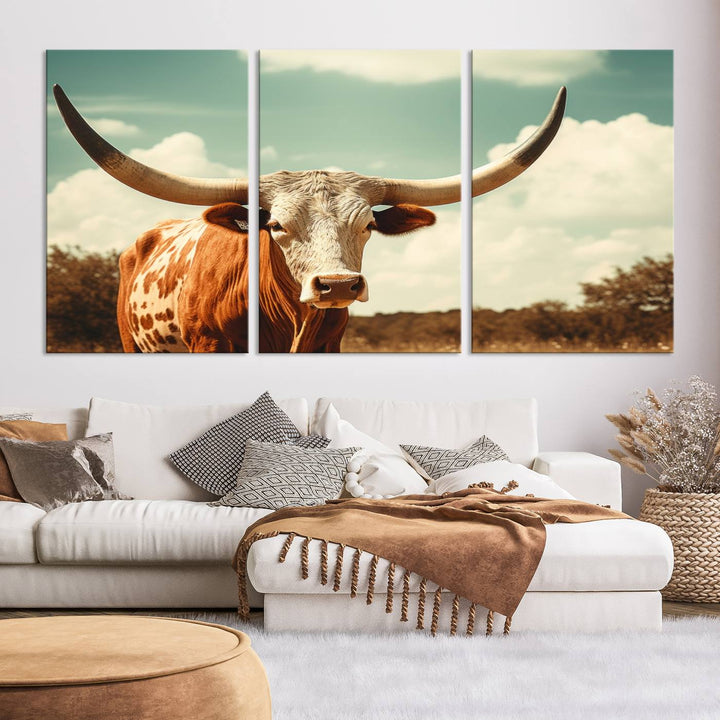 Cow Bighorn Wall Art Canvas Print, Longhorn Texas Large Cow Animal Canvas Print