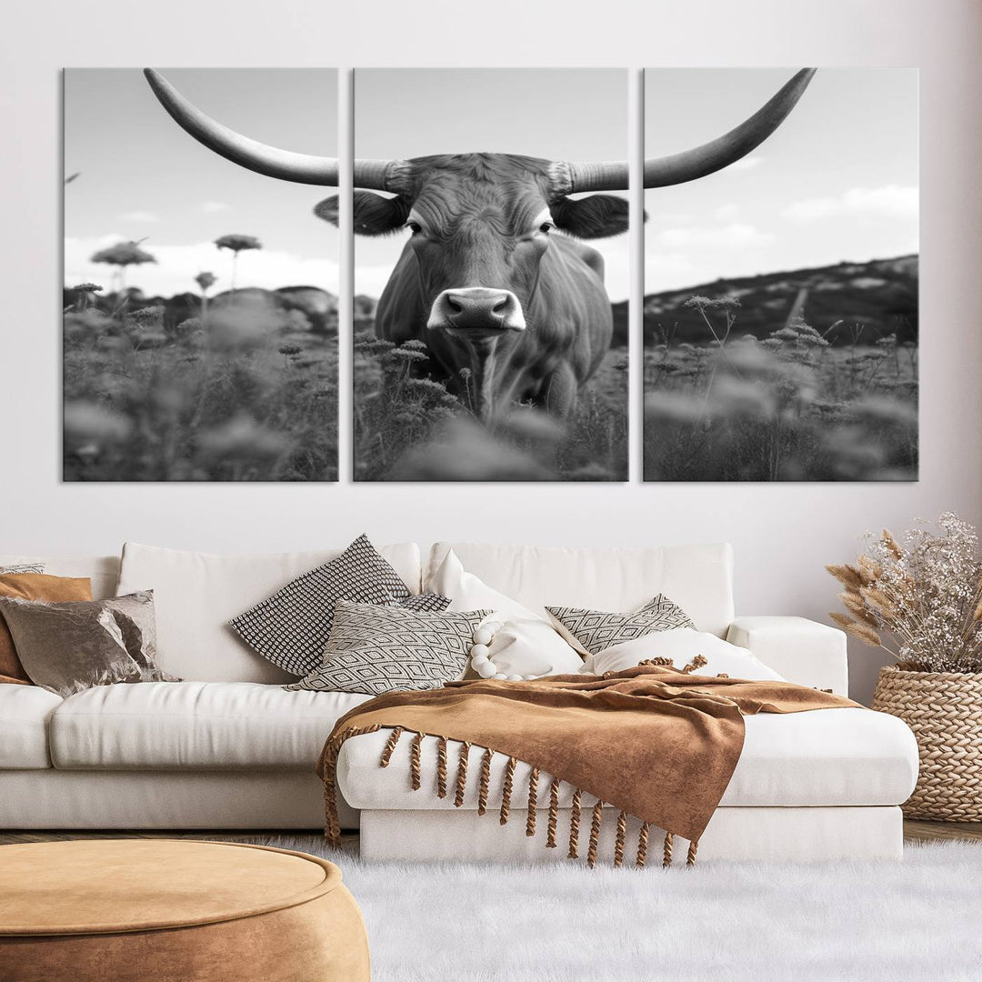 Cow Bighorn Wall Art Canvas Print, Longhorn Texas Large Cow Animal Canvas Print